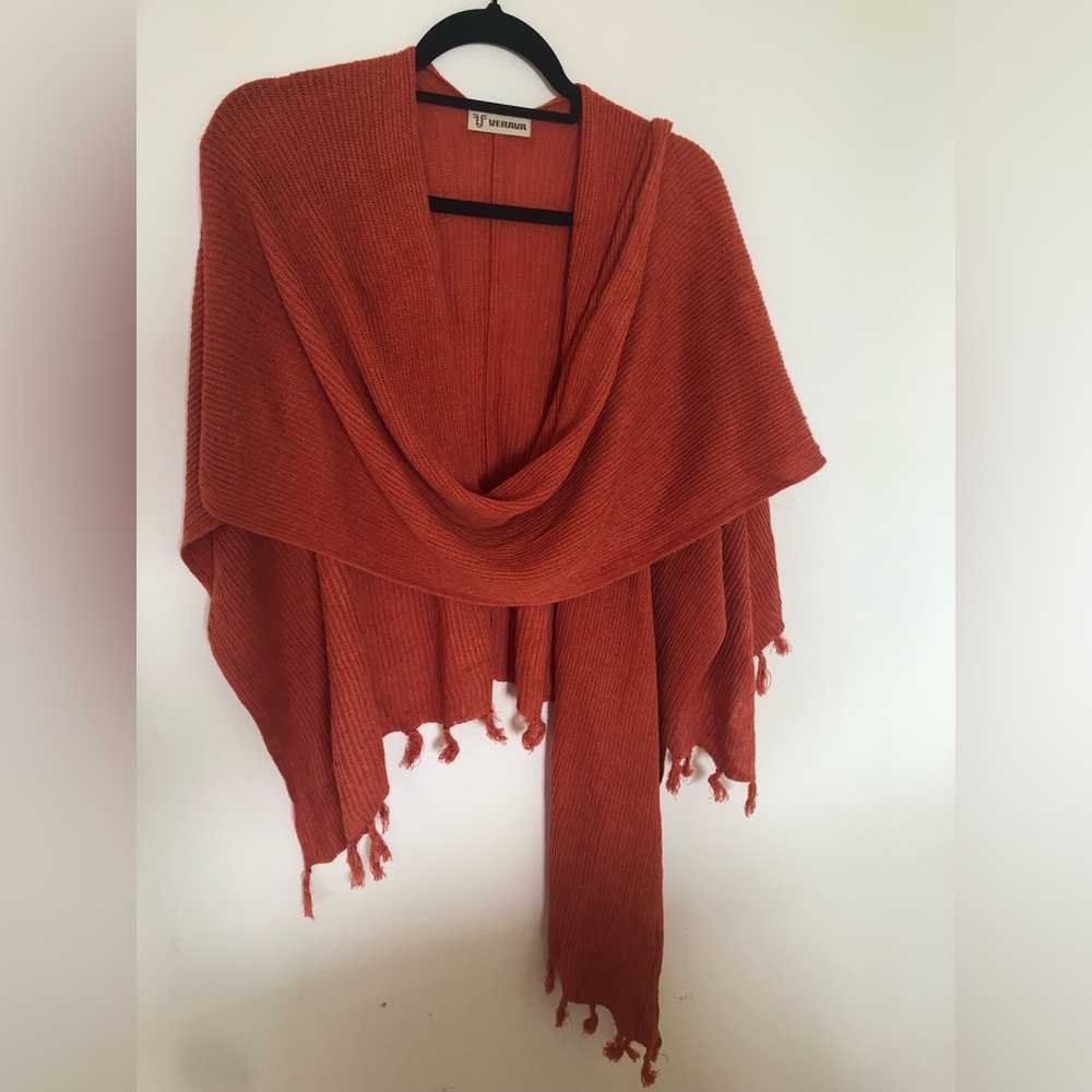 Beautiful fall cotton knit linen wrap shawl fringe paprika